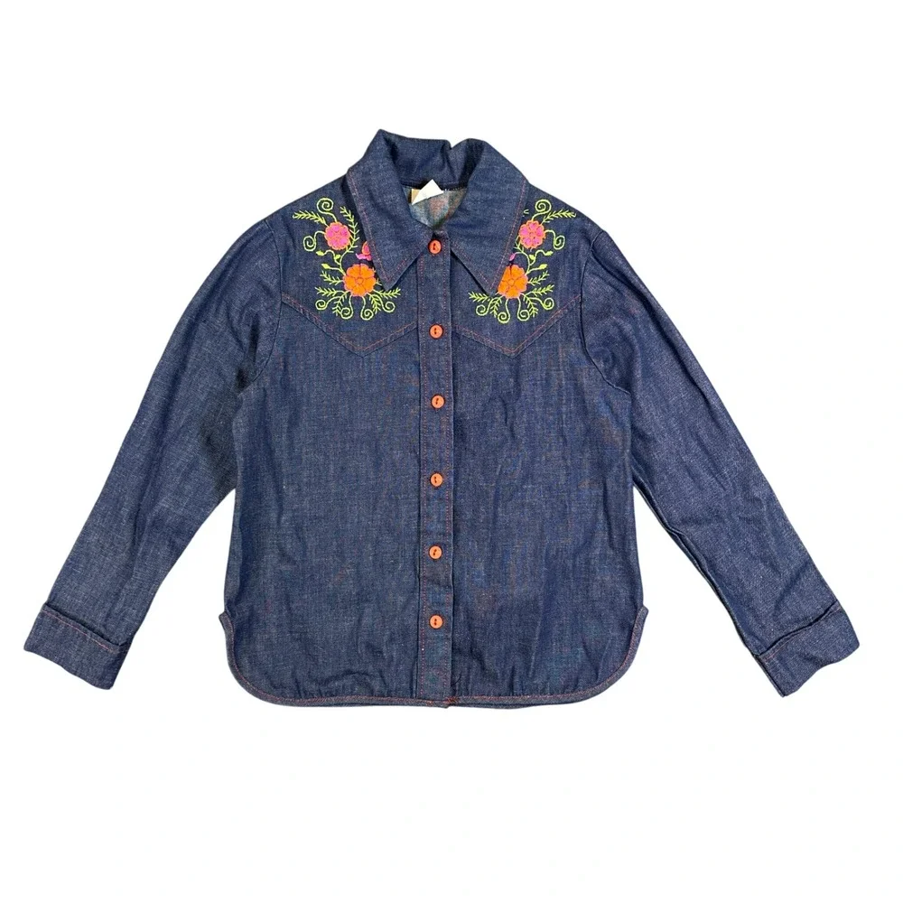 Vintage Sears Growing Girl Denim Western Shirt Floral Embroidered Blue Size 12